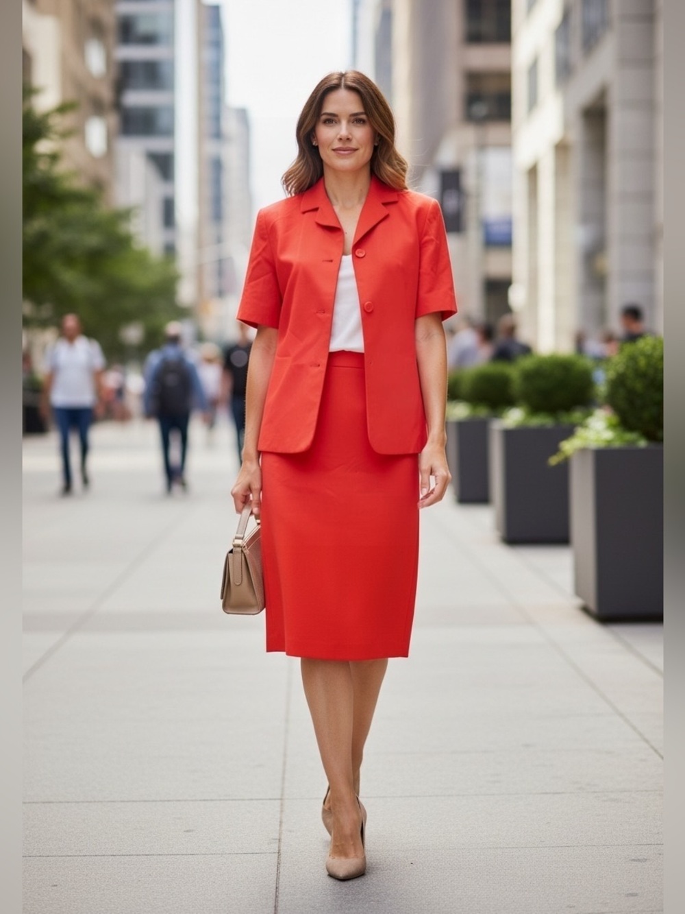 Josephine Chaus Vibrant Red silk Short-Sleeve Blazer & Pencil Skirt Set lined